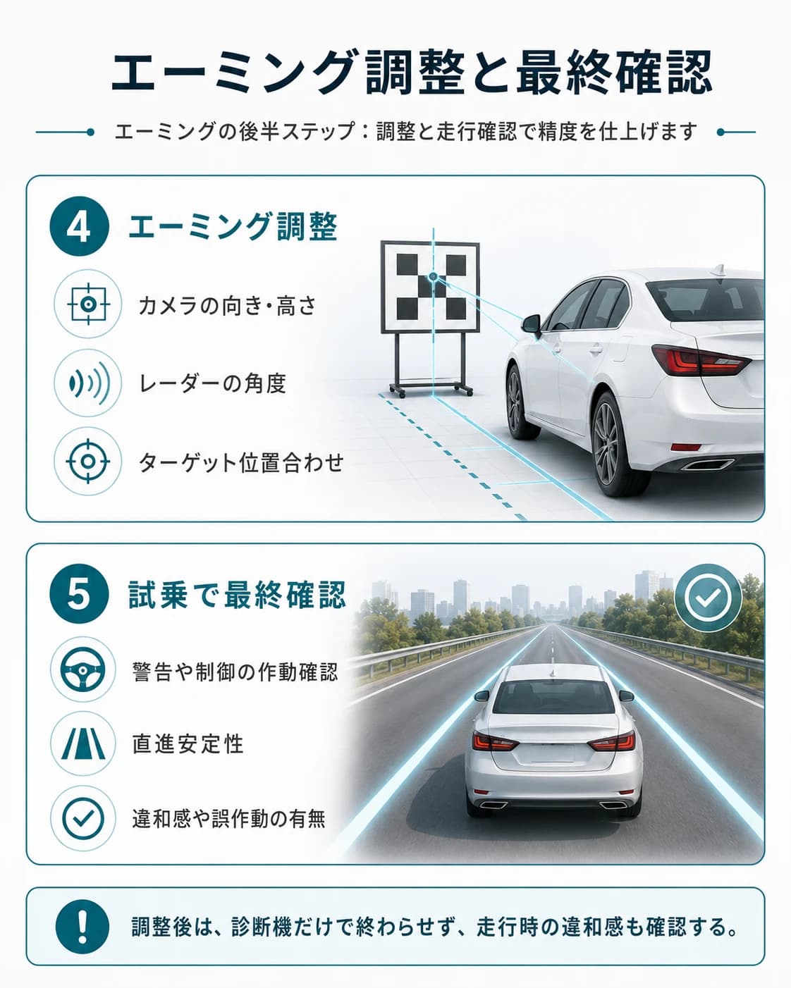 エーミング調整と試乗での最終確認の流れを示す図解