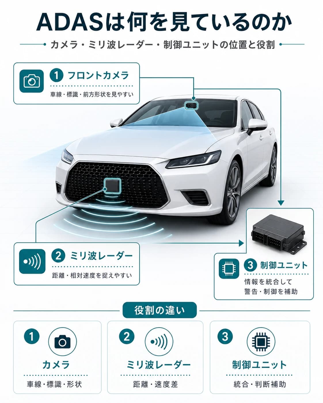 ADASのフロントカメラ、ミリ波レーダー、制御ユニットの位置と役割を示す図解