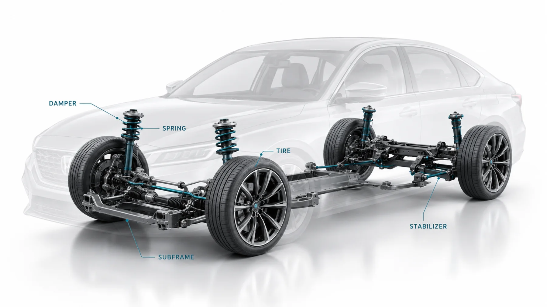 車のサスペンション構造を、タイヤ、スプリング、ダンパー、サブフレーム、スタビライザーに分けて示した図解