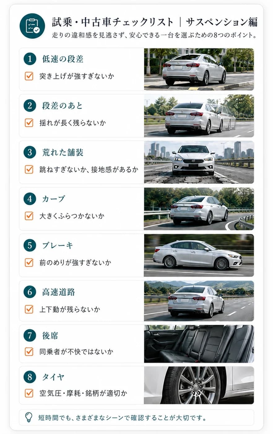 試乗や中古車確認で足回りを見るときのチェックポイントを、場面別に整理した図解