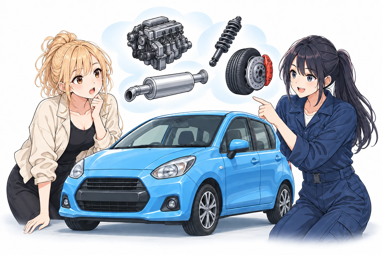 車好きのシュナと、整備に詳しい莉奈が、青い車とエンジン・マフラー・足回りを囲んで話しています